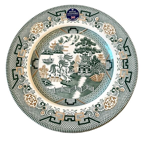 Royal Stafford Dinner Plates 11in Green & Gold Willow Pagoda Set of 4 New - Picture 2 of 16
